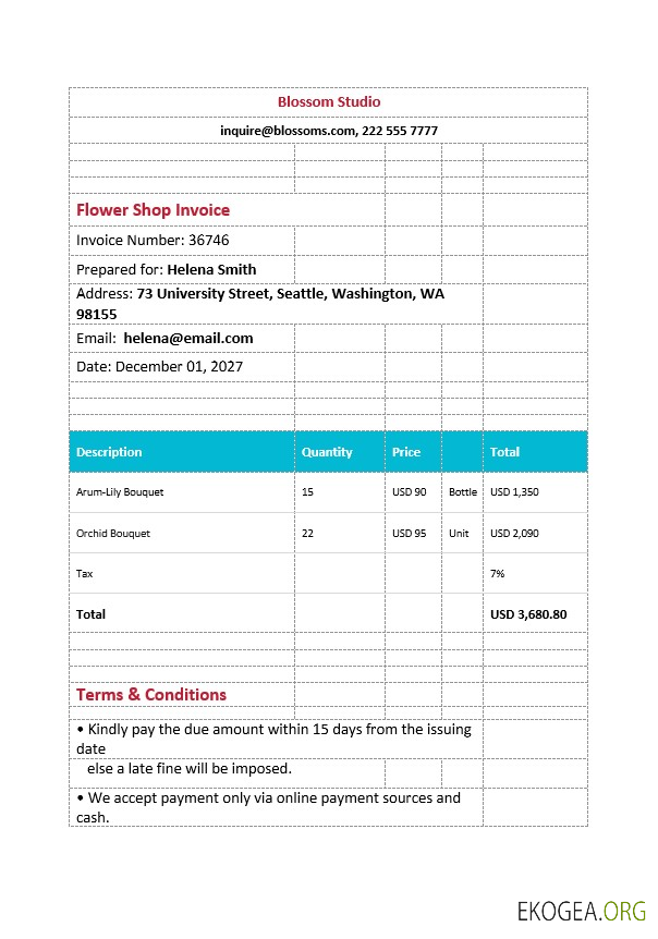Modèle de facture imprimable pour magasin de fleurs